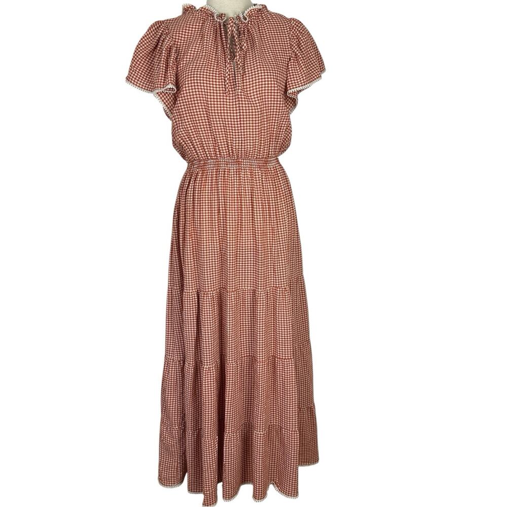 Max Studio Maxi Dress Small Rust Orange Gingham Boho Western Cottagecore Prairie - Picture 2 of 16